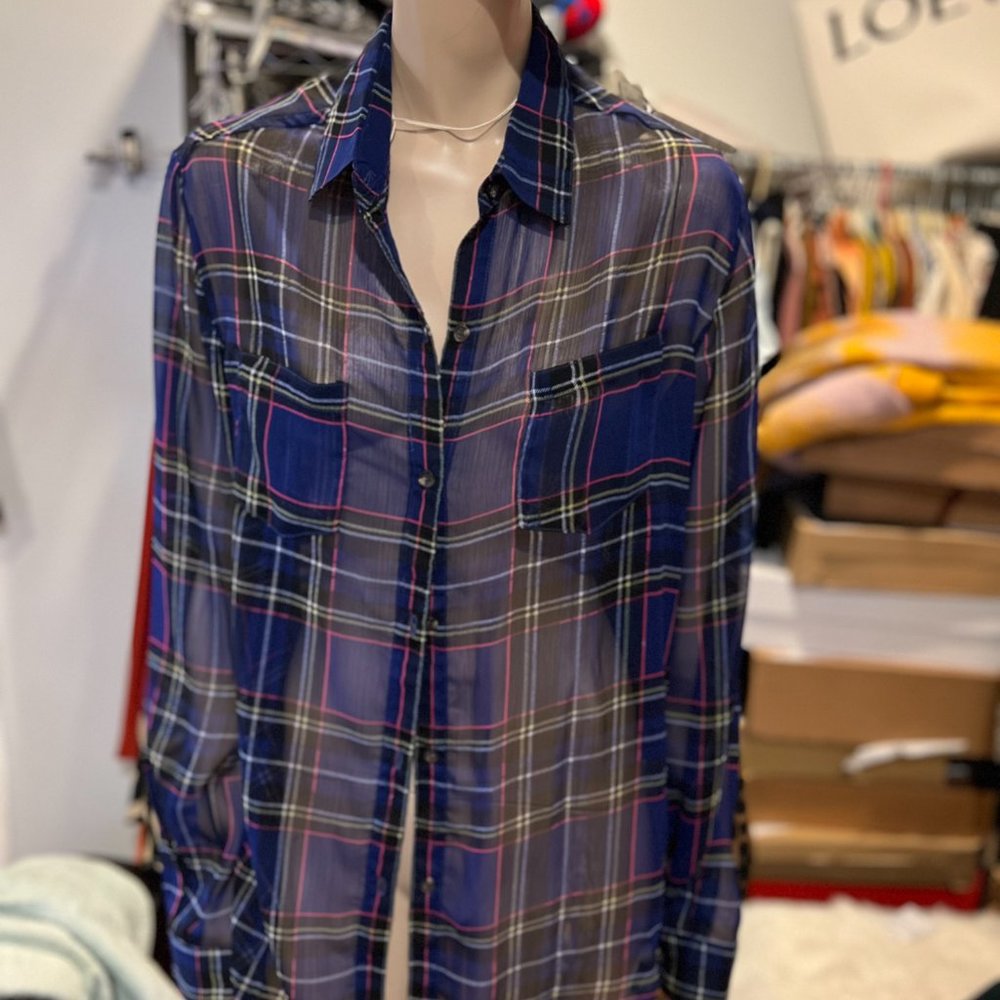 MOTELROCKS sheer blue plaid shirt in size Large